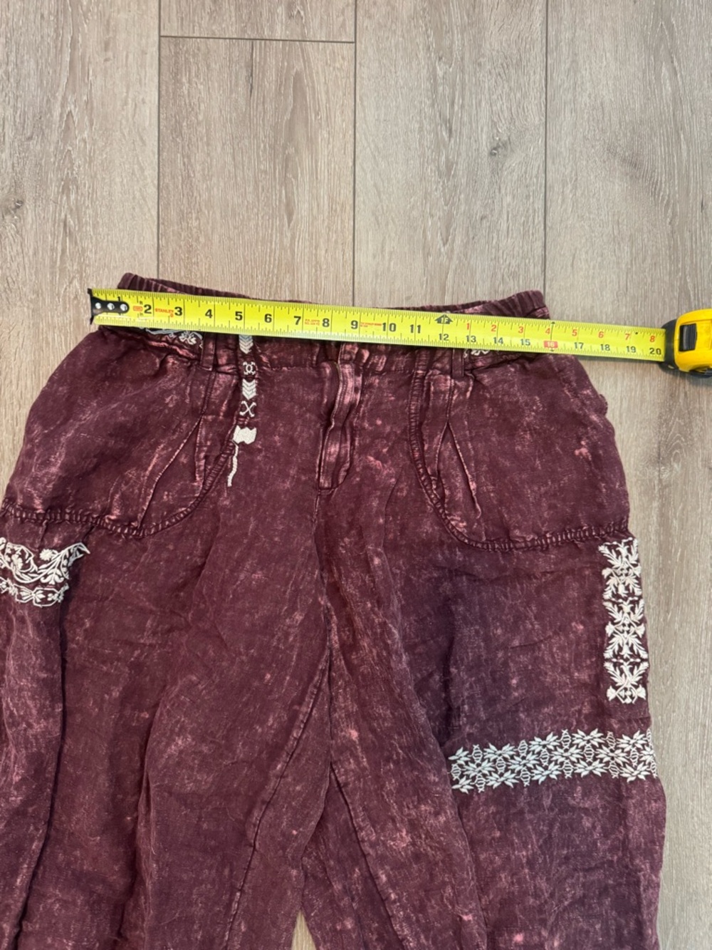 By Anthropologie Embroidered Parachute Pants Maroon Linen Blend  Boho Balloon - Picture 9 of 10